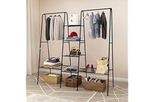 BOFENG Clothes Rail Metal Garment Rack Heavy Duty Indoor Bedroom Clothing Hanger With Top Rod and Lower Storage Shelf coat rail Black garment rails