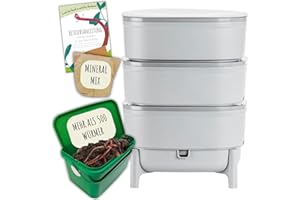 WURMKISTE.AT Wurmbox Komposter mit 3 Etagen | Wurmkomposter Starterset inkl. 500 Kompostwürmer