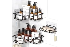 YASONIC Mensola Bagno Mensola Doccia Angolare, 3 Pezzi Mensole Bagno senza Foratura, Angoliera Doccia Impermeabile e Antiruggine, Mensola Doccia Adesiva Portaoggetti Doccia con 12 gancio - Nero