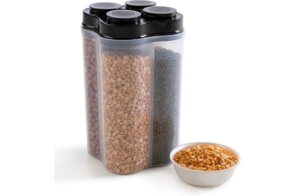 HomeWiz 4 Section Kitchen Storage Box Fridge Storage Containers Airtight, Durable, BPA-Free Plastic Container Organize Grains, Pulses, Snacks & Food in One Jar (2500ml), Black