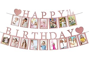UMIMISS Wasise 21st Birthday Decorations for Her - DIY 21st Date Of Birth Decorations, Rose Gold "Happy Birthday" Banner with 12 Picture Frames, Personalized Milestone Party Decor for Women Girls