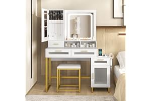 COSTWAY Toaletka z oświetleniem LED, toaletka ze stacją ładującą, szafka na biżuterię, taboret, lustro, szuflady, szafka, otwarte półki i uchwyt na suszarkę do włosów, biały