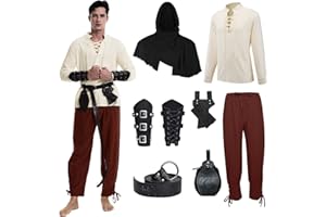 MVFEUIJ Disfraz medieval renacentista para hombre, disfraz de vikingo, camisa con cordones, pantalones con accesorios, disfraz de Halloween para cosplay, mascarada, magos