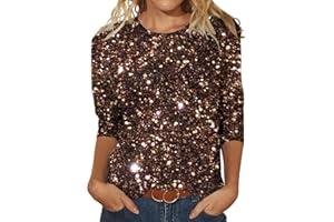 Buetory Sequin Printed Tops for Women Dressy Casual Glitter Print Sparkly Sweatshirt Crewneck 3/4 Sleeve Sparkly Graphic Party Night Shirts Blouses