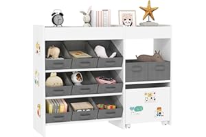 AIYAPLAY Kids Toy Storage Unit, Children Toy Box Organiser with 11 Fabric Bins, Cabinet, Top Shelves, 3 Stickers, Kids Storage Unit Bookshelf for Nursery, Playroom, Kindergarten, White