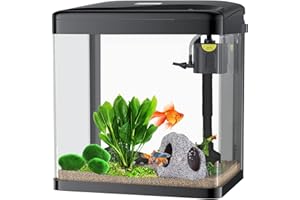 Craftsboys 15L Fish Tank with Filter and Light, Rectangular Aquarium Tank with LED Light, Tray Filter System, Curved Glass Front (Black Tank)