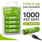 Micron AA Şarj Edilebilir Pil 1.5V 1000 D&ouml;ng&uuml; USB Type-C Girişli AA Kalem Pil 4&rsquo;l&uuml;