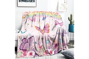 FEYG Pink Floral Butterfly Blanket for Baby Girls, Rainbow Butterfly Throw Blanket for Girls Valentines Day Gifts, 102 x 127 cm Pastel Butterfly Flowers Throw Blanket for Girls Baby Shower Birthday