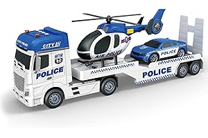 Teorema Giocattoli - Tir, Camion Giocattolo per Bambini, con Elicottero e Auto, Set di Veicoli con Luci e Suoni, Movimento a Frizione, Scala 1:16, Tema Polizia