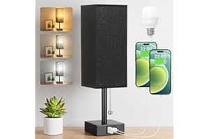 kakanuo Lampada da Comodino a 3 Modalità di Colore con Porte di Ricarica USB-C+A, Lampadina LED Inclusa, Interruttore a Catena, Lampada da Tavolo per Camera da Letto Soggiorno Ufficio(Nero)