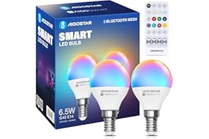 Aigostar Mesh - Ampoule Connectée Bluetooth Mesh G45 6.5W, Ampoule Connectée Alexa E14 LED 555LM RVB & 2700K-6500K, 16 Millions de Couleurs, 2 Unités (avec Télécommande Bluetooth)