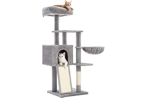 Feandrea Drapak dla kota, 135 cm, wielopoziomowy, pluszowy drapak dla kota z możliwością prania, zdejmowanym drążkiem do siedzenia, pień, koszem, jaskinia, jasnoszary