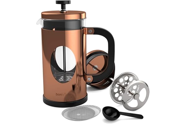 bonVIVO Cafetière à Piston 1L - French Press Inox et Verre Thermorésistant, Cafetiere Piston avec Filtres de Rechange, Cafetière Piston Design pour Café Savoureux - Finition Cuivre GAZETARO I