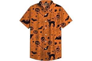 Mainfini Men Halloween Shirt Jack O’ Lantern Short Sleeve Button Up Shirt (S-3XL)