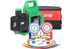 PB MOTOR TECH BMT PB Motor Tech Vacuum Pump & Gauge Set - 4.5 CFM Pump w/Brass Manifold Gauge, Quick Couplers, 410 Adapter, Can Tap Tool & Carrying Tote - for R134A, R12, R22, R502 Refrigerants & A/C Maintenance