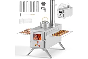 MOPHOTO Camping Wood Stove, Hot Tent Stove with 7 Stainless Steel Chimney Pipes and Spark Guard,Outdoor Heating, Cooking, Ice Fishing, Hunting (38x20x22cm)
