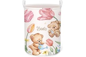 Clastyle 45L Ceste Biancheria Orso Fiore Tulipano Rosa Cestino Portaoggetti Giocattoli Tondo Pieghevole per Camera dei Bambini, 36x45 cm