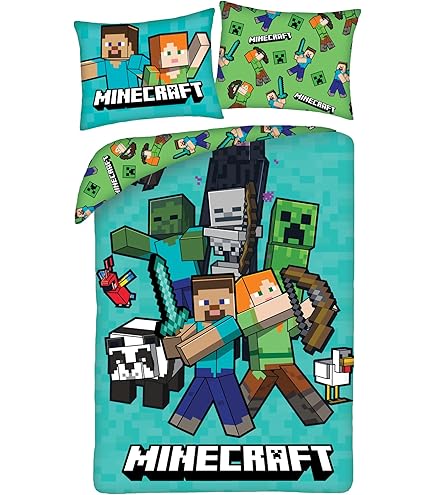 Parure De Lit Double Minecraft "Badges" - Housse Couette 240x220 Cm + 2 Taies - 100% Polyester