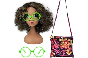 Tacobear Mirabel Perruque Enfant Fille Perruque Cosplay Mirabel Madrigal Costume Accessoire avec Cheveux Courts Bouclés Lunettes Sac Boucles d'Oreilles Encanto Isabella Accessoire Halloween Carnaval