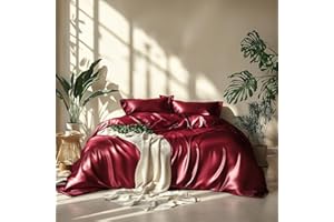 Lanqinglv Zestaw pościeli satynowej, 200 x 200 cm, czerwone wino, czerwony, burgundowy, jedwab, gładki, błyszczący, luksusowa pościel letnia, zestaw satyny, poliester, uniwersalna, poszewka na kołdrę