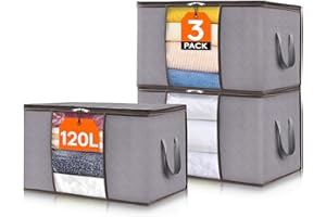 Lifewit 120L Aufbewahrungstasche für Bettdecken, Groß Aufbewahrungsbox mit Deckel Kleidung Aufbewahrung Umzugskartons mit Verstärkt Griff für Kleider Kleidung Bettdecken Bettzeug, 3 Stück, Hellgrau