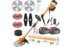 SUAIIOLK Akku Rasentrimmer mit Akku 21V Freischneider mit Unkrautbürste Bürstenloser Akku Freischneider 4 in 1 Elektro Motorsense mit 2X 4.0Ah Akku und Ladegerät, Teleskoprohr, 90°Schwenkbarem, orange,k