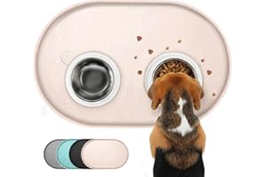 Conlun Tappetino Ciotola Cane, Tappetino Ciotole Gatto con Bordi Rialzati di 1,2 cm per Contenimento Degli Schizzi, Tappetino Silicone per Animali Senza BPA, Sottociotola per Cani(Beige,48x30 cm)