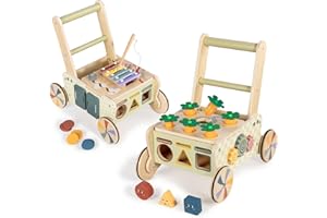LOL-FUN Wooden Walker for Babies 6-12 Months, Toddler Push Along Walker with Blocks, Carrot Activity Walking Toys for 1 Year Old Boys Girls Gift