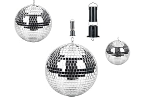 Playlearn Disco Mirror Glitter Balls Party Decoration & Sensory Shiny Silver Hanging Lighting Effect Pack of 3-20cm, 15cm, 10cm & Rotating Motor