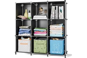 FUNLAX Cube Storage Unit 9 Cubes Stackable Storage Organiser Shoe Rack Bookcase Plastic Shelves Closet Portable Wardrobe for Bedroom Living Room Bathroom (11.8" × 11.8" ×11.8" per Cube) Black