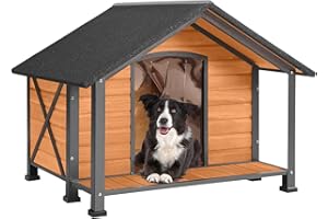 Aivituvin Dog House with Anti-Chewing Metal Frame Outdoor Large Wooden Dog Kennel Outside with Overhang Roof Large Porch Weatherproof