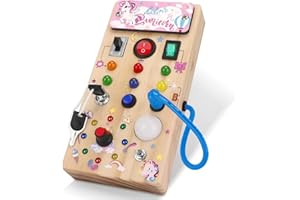 Hoarosall Unicorn Montessori zabawka Busy Board z włącznikiem światła LED, drewniana zabawka dla dzieci od 1 roku życia