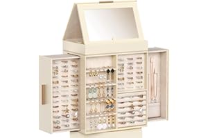 Lifewit Boite a Bijoux Rotative 360°, Coffret Bijoux Femme avec Miroir Réglable et Design Magnétique, Grande Organisateur Bijoux pour Bague, Collier, Boucle d'oreille, Idee Cadeau Femme, Crème