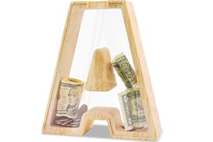 DBPBToU Hucha Grande de Madera Con Letras, Personalizada Transparente 23*4*23cm, Cerdito para Niños, Creativa para Regalo de Cumpleaños/Decoración del Hogar/Recuerdo (A)