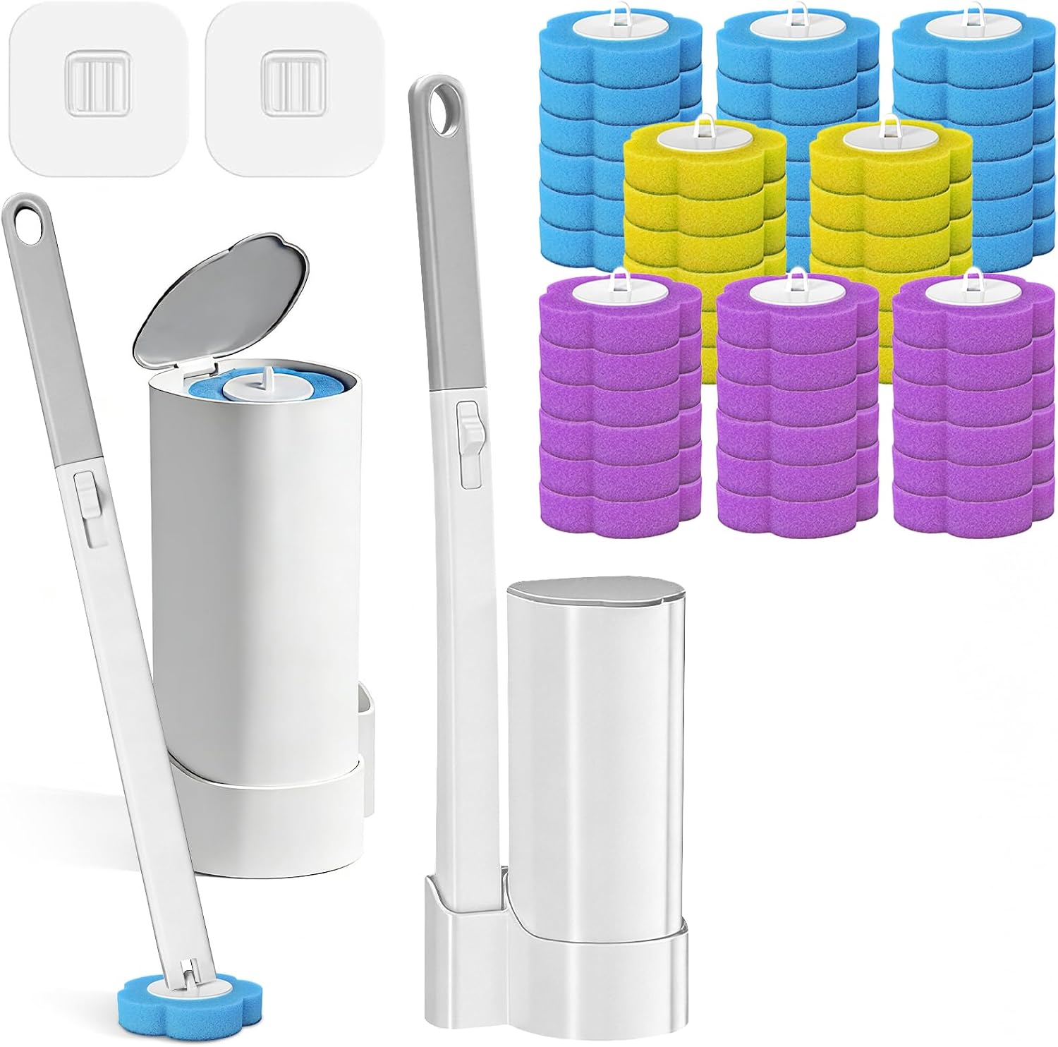 SERIONR Escobilla Baño Desechable WC,2 PCS Cepillo para Inodoro Mango Largo Montado En La Pared,Toilet Brush con 48 Rellenos de Detergente,Juego de Escobilla WC para Limpieza Baño en Hogares y Hotel
