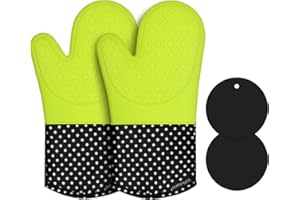 PHILORN Silicone Gloves Waterproof Heat Resistant Oven Gloves Non-slip Oven Mitts BBQ Baking Smoking Gloves Potholders with 2 Pads (Green)