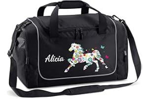 Mein Zwergenland Sac de Sport d'enfant Personnalisable 38L, Sac de Voyage Enfant avec nom et Cheval de Fleurs en Noir