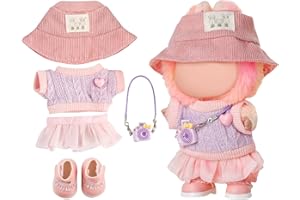 Chritice 5PCS Doll Clothes for Doll,Compatible with Labubu,Vinyl Plush Toy Pink Outfit Set Accessories for 17CM Dolls,1 Hat,Camera,Shoes,Sweater & Skirt,No Dolls