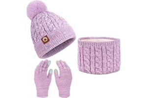 Fiohiros Girls Winter Hat Scarf Gloves Set, Kids Soft Warm Hat Neck Warmer Mittens for 4-10 Years Old Girls