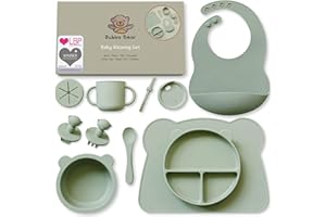 Bubba Bear Silikonowy zestaw naczyń dla niemowląt, antypoślizgowy, zestaw naczyń dla dzieci z przyssawką, 11 sztuk, bez BPA, zestaw sztućców do nauki jedzenia z łyżką, widelcem, miską, śliniaczkiem,