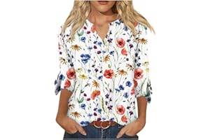 TIMEMEAN Top Femme,Chemises d'automne pour Femmes Tops D'Été à Manches 3/4 Et Col en V Chemisier Habillé Décontracté Imprimé Going Out