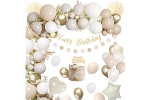 Geburtstagsdeko Beige Gold,Rainllon Deko Geburtstag Sandweiß Gold Mädchen Junge,Kindergeburtstag Deko Beige Luftballons Geburtstag,Happy Birthday Banner Deko,Pompons für Männer Frauen Geburtstag Deko