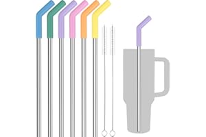Tomorotec 6 słomek ze stali nierdzewnej z silikonową końcówką do kubków Stanley o pojemności 140 ml, z 2 szczotkami do czyszczenia, długość 33 cm, bez BPA, zdrowe i bezpieczne, do użytku na zewnątrz i