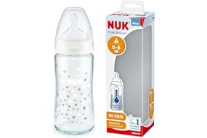 NUK First Choice+ Glasflasche | 0-6 Monate | Temperaturkontrolle | Silikonsauger | Anti-Kolik-Ventil | BPA-frei | 240ml