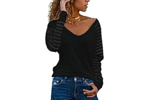 Homlan T-shirt à manches longues, col en V et rayures en mesh, coupe élégante, ample et décontractée, pour femme