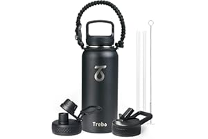 Insulated Water Bottle 1L, Trebo Stainless Steel Water Bottle 1L Metal Bottle with Paracord Handle Wide Mouth Double Wall Sports Bottle Keep Cold 48 Hours Water Bottle with 3 Lids, Black