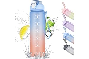 CodiCile 1L Water Bottle, Sports Water Bottle with Straw and Time Markings,Motivational Leakproof 1 litre Water Bottle with BPA Free Lid for Sports Gym Office Running