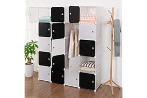 Deuline 45cm Tiefe Kleideraufbewahrung DIY Kleiderschrank Regalsystem Steckregal Garderobenschrank Aufbewahrung Würfelregal Bücherregal mit Tür, 20 Würfel, Schwarz-Weiss-Tür/Weiss 521067