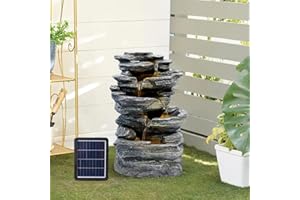 Warmiehomy Solar Water Fountain, 5 Tier Cascading Solar Water Feature, Waterfall with Solar Powered Pump and LED Lights for Outdoor, Garden Fountains and Water Features, Height 46CM, Grey