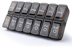 DECEMBER SPRINGS Pill Box Organiser - Pill Boxes 7 Day 2 Times a Day Weekly Medicine Storage Box | Daily Pill Organiser with Dosset Compartments | Large Capacity Tablet Box (Black, Two Times a Day)